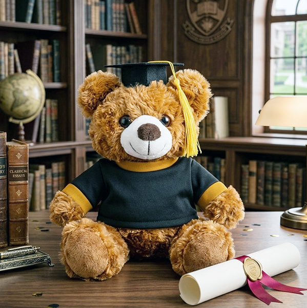 Plush Teddy Bear with Black T shirt and graduation Hat