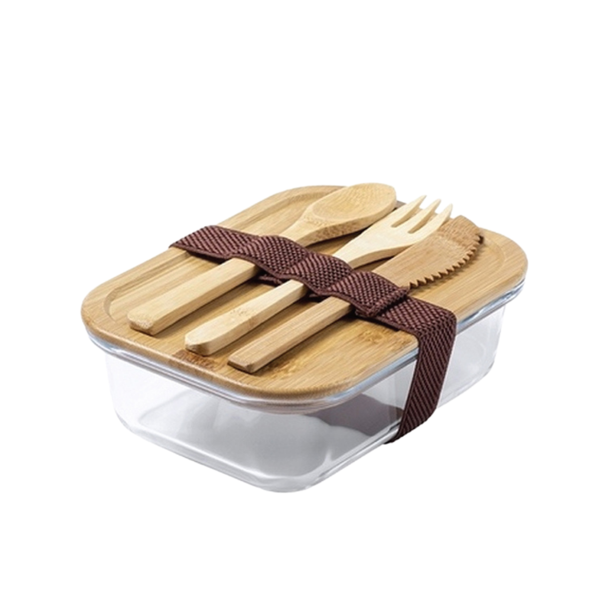 Glass Finish Lunch Box with Bamboo lid and cutlery and brown band